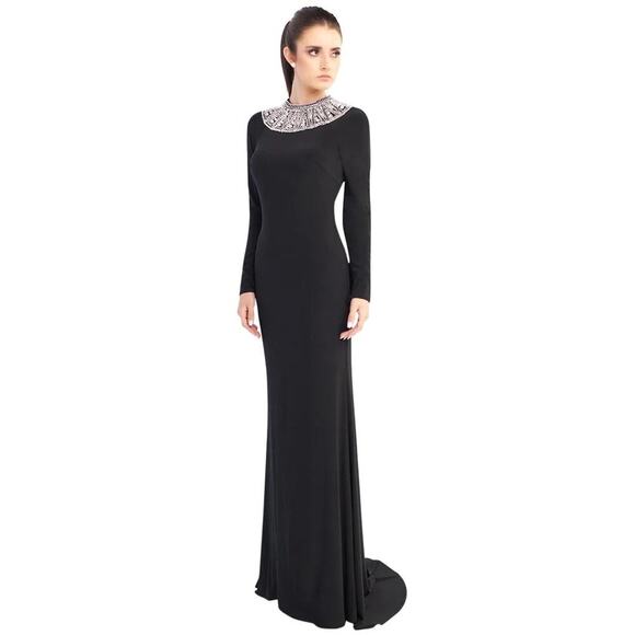 Mac Duggal Long Sleeve Embellished Neckline Jersey Gown Black 25926 Size 16‎ - Picture 1 of 13